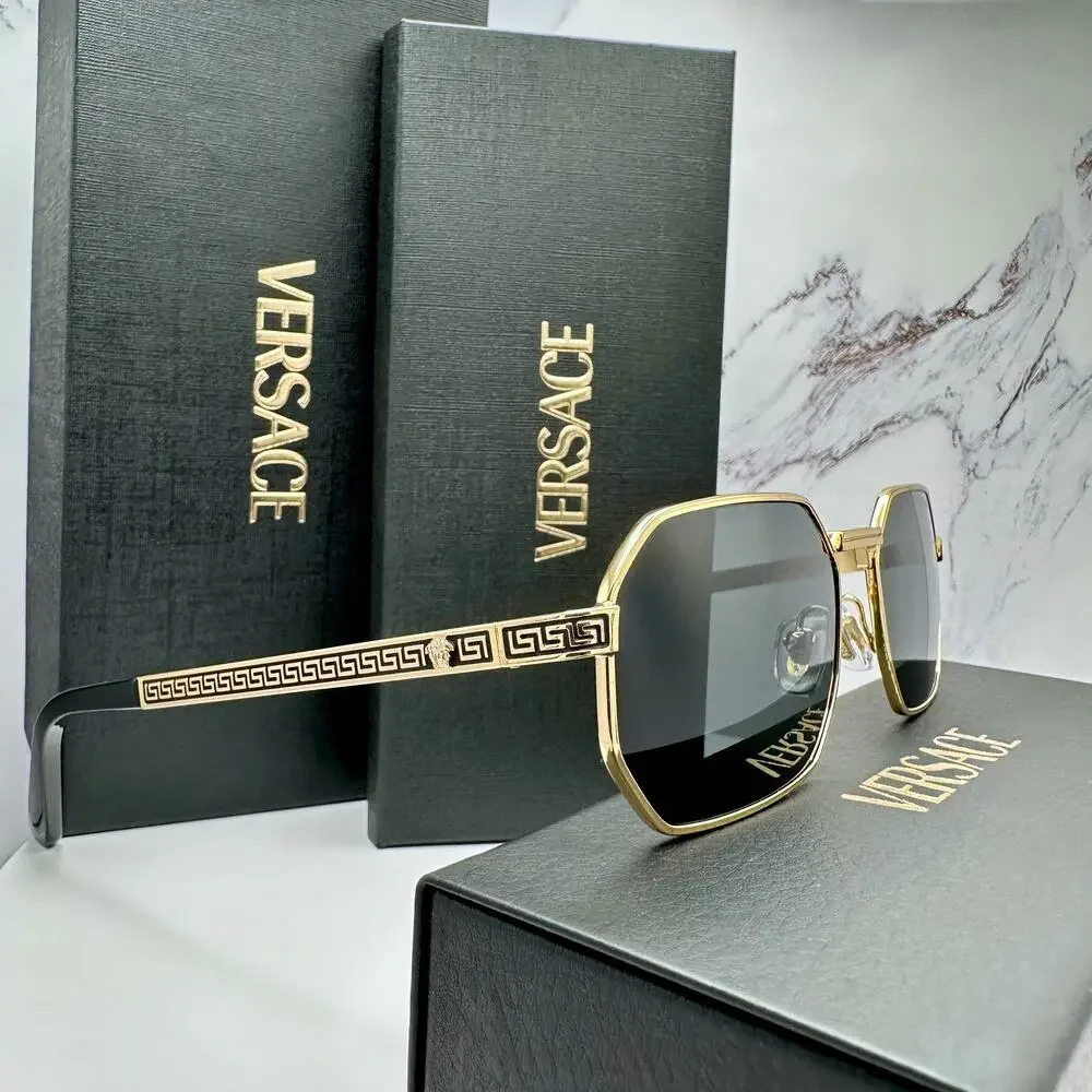 New VERSACE Sunglasses Gold Metal Rectangle Greca Logo Grey Lens Retro Authentic